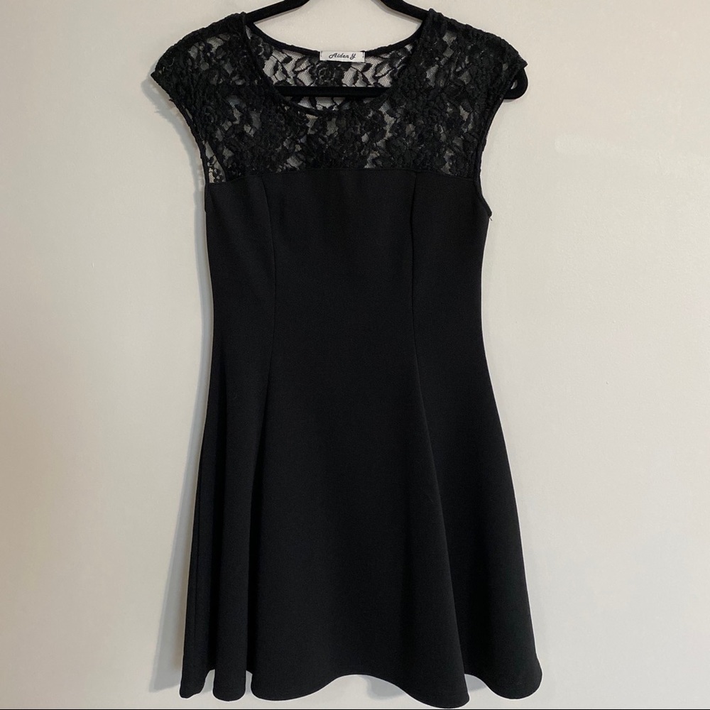 Aiden Y Black Lace Neckline & Shoulder Mini Dress